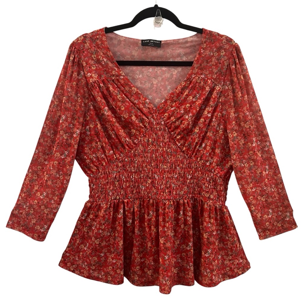LANE BRYANT TOP, Size 14/16, Red Floral V-Neck Shirred Waist Pullover Peplum Top